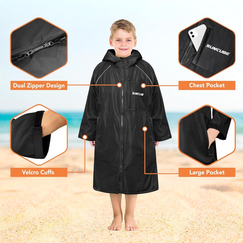 Suncube Swim Parka Boy Girl, Unisex Kids Hooded Changing Robe with Warm Fleece Lining for Swimming, Surfing, Water Sports - Image 3